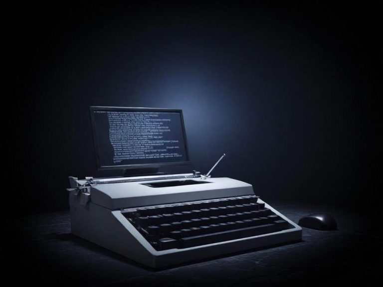 Ein alter Schreibmaschinencomputer mit Bildschirm, Tastatur und Maus in dunklem Raum.