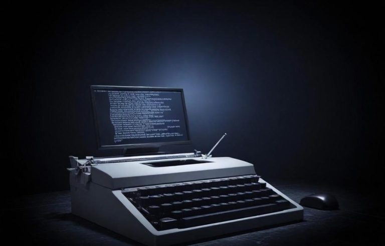 Ein alter Schreibmaschinencomputer mit Bildschirm, Tastatur und Maus in dunklem Raum.