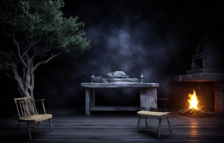 Eine Waldtheaterbühne, die ein märchenhaftes Wohnzimmer hat.